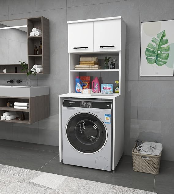 Çamaşır Makinesi Dolabı 3 Raflı Kapaklı Banyo Dolabı Beyaz