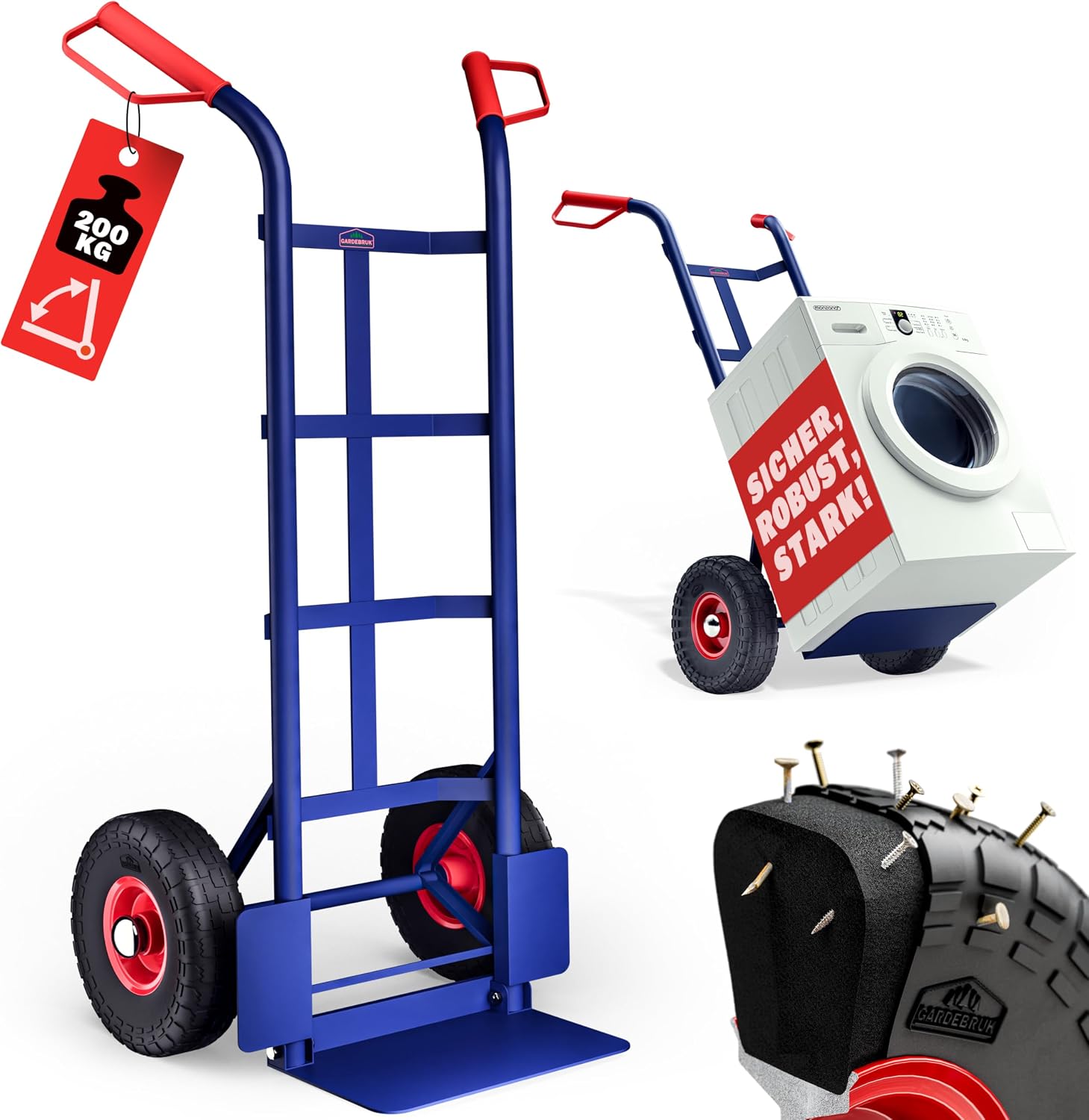 GARDEBRUK ® Sack Truck PU Solid Rubber Tires Foldable 200 kg Steel Mudguard Heavy Duty Garden Moving Transport Trolley Transport Trolley Transport Roller