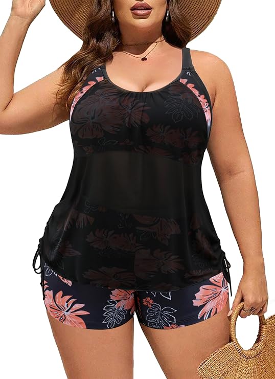 NIeyook Plus Size Swimsuit for Women 2 Piece Tummy Control Bathing Suit Tankini Set with Shorts Blouson Swimwear