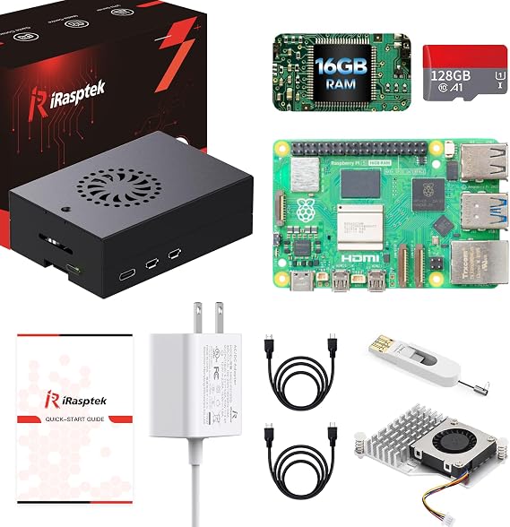 iRasptek Starter Kit for Raspberry Pi 5 16GB RAM - Pre-Loaded with 128GB Edition Pi OS (Aluminum Case)