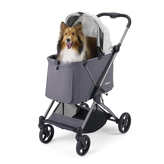 ibiyaya Maxi Deep Carriage Pet Stroller for Cats and Small Dogs Flat-Free Rubber Wheels, One-Hand Fold, Extra-Tall Cabin (Twin Gray)