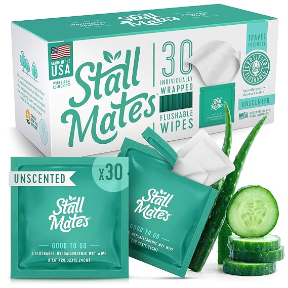 Stall Mates Flushable Wipes, Individually Wrapped, Unscented, 30 Count | With Cucumber, Vitamin-E & Aloe, Individually Wrapped, Travel Friendly, for both Men and Women, bathroom wipes