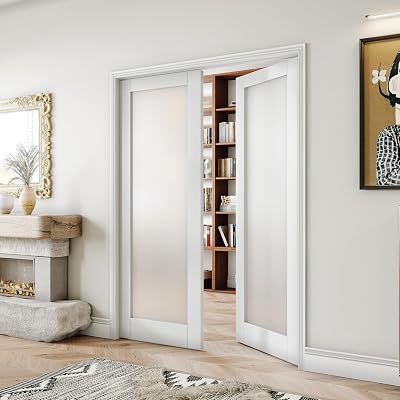 60 x 80 Interior Door, 1 Lite Frosted Glass French Pantry & Closet Door, Double Pre-Finished Slab Doors, MDF, White Primed Hinges Not Included