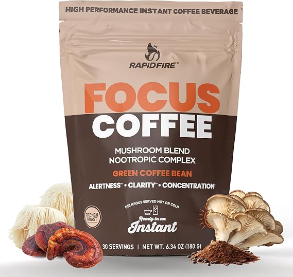 Focus Coffee Mushroom Blend, Nootropic Complex Coffee, Supports Alertness and Clarity, (Lions Mane, Cordyceps, Turkey Tail) Green Coffee Bean Instant Coffee for Focus & Gut Health, 30 Servings
