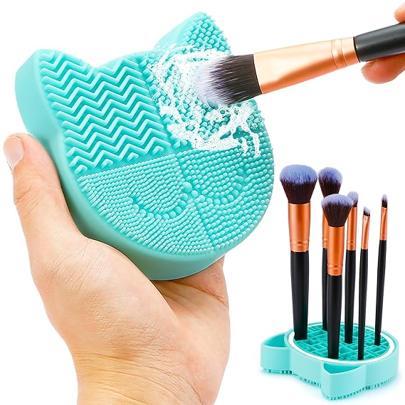 TailaiMei 2 in 1 Makeup Brush Cleaning Mat With Drying Holder, Silicon Cat Shaped Cleaner Pad, Cosmetic Organizer Rack, Portable Washing Tool for Makeup (Green)