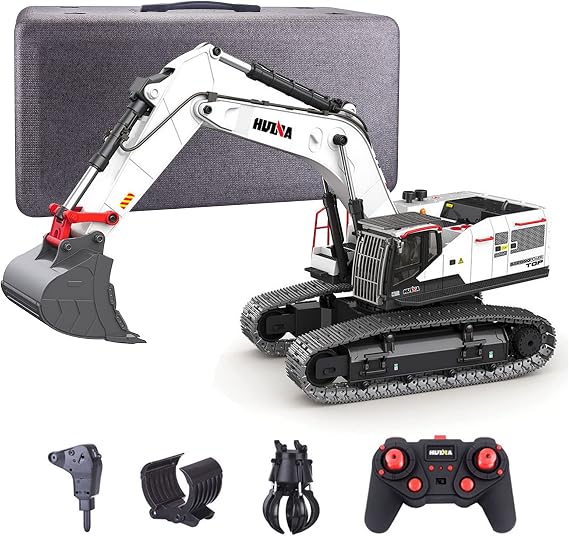 1:14 2.4G 4-in-1 Alloy RC Excavator with Bucket/Gripper/Drill Bit/Wood Gripper, 22CH RC Construction Vehicles with Dual Crawler & Realistic LED Lights Effects, Gifts for Adults Hobbyist