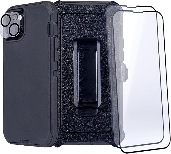 Case for iPhone 15 Plus (6.7") with 2 x Camera & Screen Protectors | Heavy Duty Full Body Military Grade Drop Protection Carrying Cover Holder | Holster for Men Belt with Clip Stand – Black