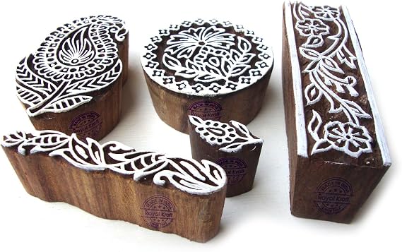 Elegant Paisley and Floral Designs Wood Print Blocks (Set of 5)