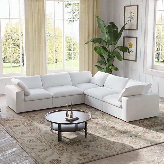 Cloud Modular Sectional Sofa,Large Down Filled Comfort V Shaped Sofa Couch for Living Room,Minimalist Wide Deep Seat Convertible Couches for Office Apartment,4 Seater and 1 Corner,White