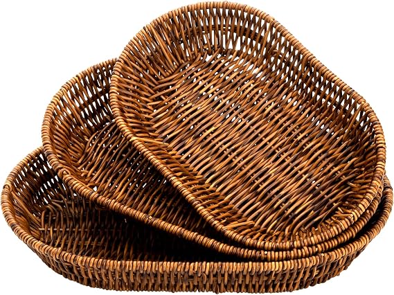 Hedume Set of 3 Wicker Baskets, Bread Baskets Sets, Tabletop Food Serving Baskets Trays, Handwoven Storage Basket Bin, Fruit Vegetables Sundries Storage Basket for Home, Restaurant, Bakery
