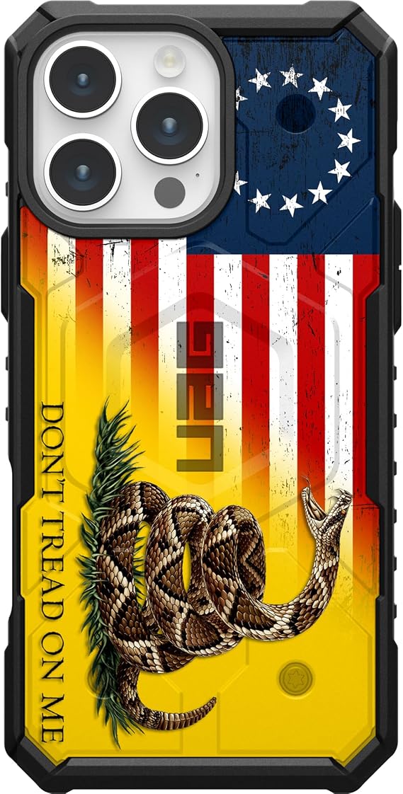 EGO TACTICAL UAG Urban Armor Gear case Compatible with MagSafe for iPhone 16 Pro [6.3" Screen] Limited Edition Printed in The USA 13 Star Tattered USA Flag Gadsden Flag Don't Tread on Me