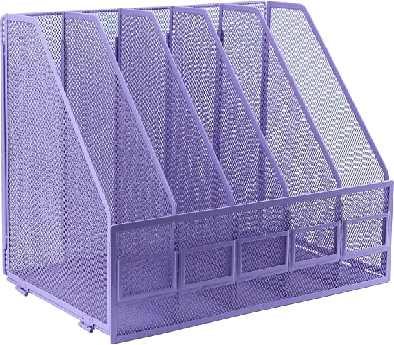 A4 File Holder Folding Bookshelf, 5 Vertical Compartments magazine file holder, Desk Organizer Document Folder for Office School and Home, Purple