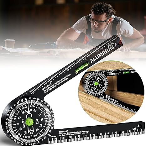 Miter Saw Protractor,Aluminum Protractor Angle Finder with Level Gauge High Precision Laser Inside & Outside Miter Angle Finder for Angle Finder Carpenters, Trim Work,Plumbers and All Building Trades