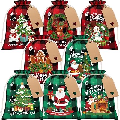 FLOE 24Pcs Burlap Christmas Drawstring Bags, 6x8in Buffalo Plaid Xmas Gift Bags wTag Xmas Candy Bag Small Christmas Linen Treat Goody Gift Sacks Reusable Gifts Wrapping Bag Holiday Party Favors Sack