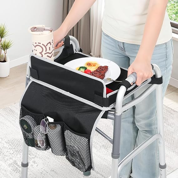 JFMkaer Walker Tray with Cup Holder – Folding Walker with Pockets & Non Slip Mat for Food,Mobility Trays Fits Most Standard Folding Walkers,Walker Accessories for Elderly