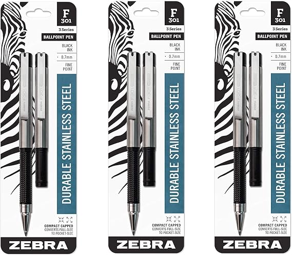 Zebra Pen F-301 Compact Ballpoint Stainless Steel Retractable Pen, Fine Point, 0.7mm, Black Ink, 2-Count (3 PACK)