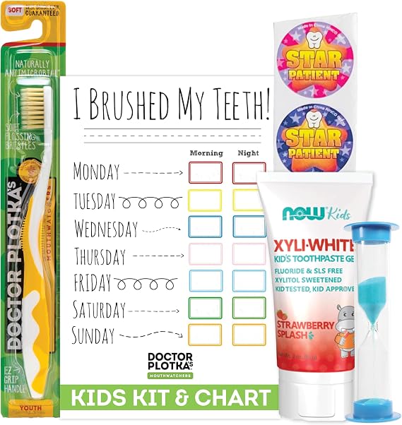 MOUTHWATCHERS Kids Dental Care Kit, Toothbrush, Strawberry Toothpaste, 3 oz | Kids Dental Set with Soft Floss-Tip Brushes and Fluoride-Free Strawberry Paste, SLS Free, Naturally Sourced