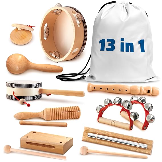 13 Pcs Wooden Musical Instruments for Adults & Kids, with Storage Bag