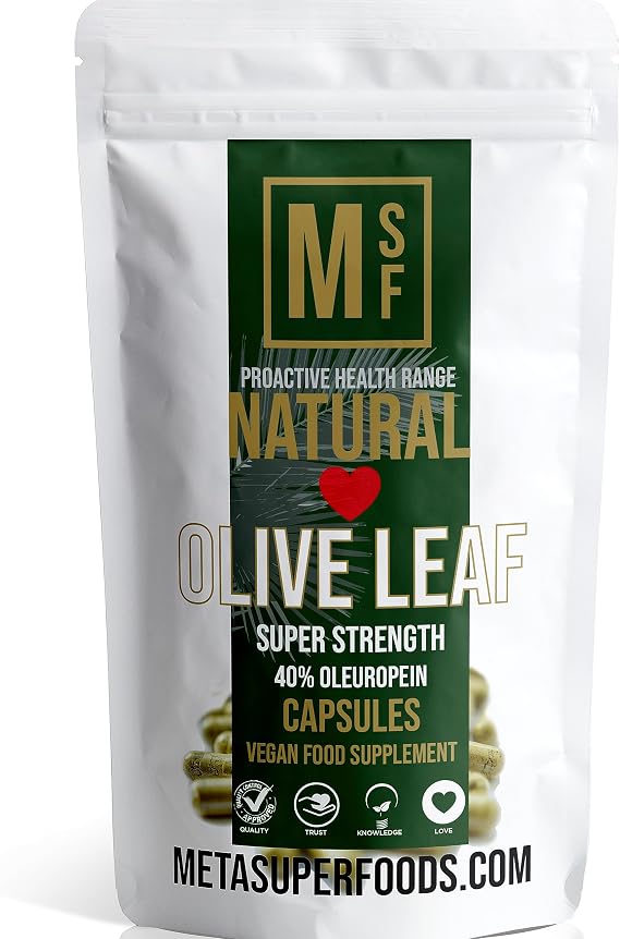 Olive Leaf | 60 Capsules | Super Strength | OLEUROPEIN 40% | (1000mg per Capsule Equivalent to 10,000mg) | Vegan | NO FILLERS NO Binders | Non GMO | 100% Olive Leaf (60)