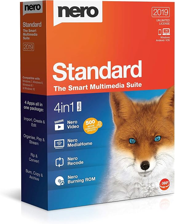 Nero Standard 2019 | 4-in-1 Multimedia Suite | Video Editing, Burning, Backup & More | Lifetime License | 1 PC | Windows 10/8/7