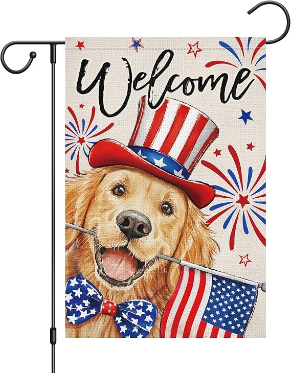 Louise Maelys 4th of July Garden Flag Golden Retriever Dog Patriotic Independence Day 12x18 Inch Double Sided Welcome Stars and Stripes Small Burlap Yard Sign Outside Outdoor House Decor