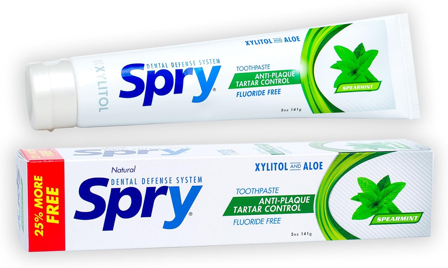 Spry Natural Xylitol Toothpaste 5oz for Adults and Kids - Fluoride Free, Gentle for Sensitive Teeth Whitening and Remineralizing, Breath Freshening, Mouth Moisturizing, Spearmint Pack of 1
