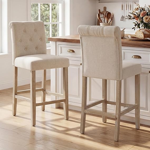 LSSBOUGHT 24 Inches Upholstered Counter Stools, Bar Stools Set of 2, Fabric Counter Stools with Back, Counter Height Bar Chairs with Solid Wood Legs for Home Kitchen Island Dining Room, 2pcs,Beige