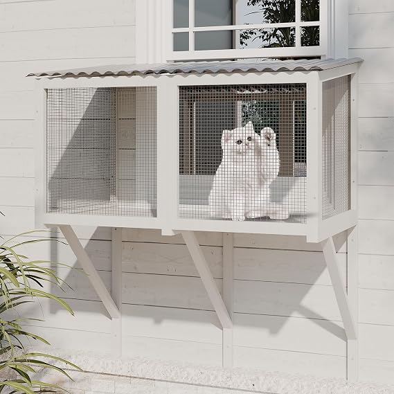 ROOMTEC Cat Catio, Cat Window Box for Indoor Cats Wooden Cat Window Perch for Multi Cats All Weather Use Outdoor Haven Enclosure for Safely Enjoying the Outdoor Sights Scents and Napping,White