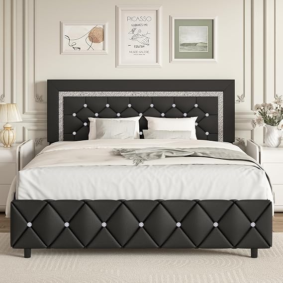 BarnFurin Full Size Bed Frame with Headboard, Faux Leather Upholstered Bed with Diamond Design Headboard, Modern Platform Bed Frame, No Box Spring Required, Easy Assembly, Black