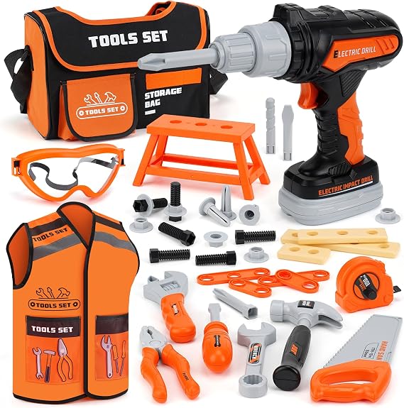 Vanplay Kids Toys Kids Tool Set Electric Drill with Tool Bag & Vest, 43 Pcs Pretend Play Tools Toys for 3 4 5 Year Old Boys Girls