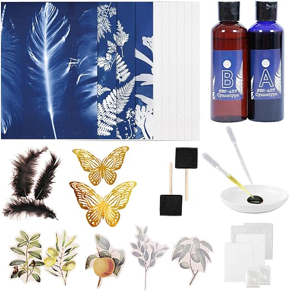 Cyanotype Paper Kit - Sun Print Nature Printing Kit, DIY Cyanotype Craft Projects, 2 Cyanotype Sensitizer, 25 Sheets A4 Paper, Material kits, High Sensitive Solar Activated Art Printing for Crafting