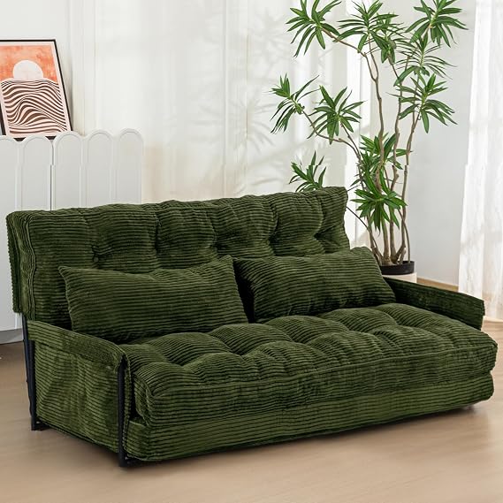 MAXYOYO Adjustable Floor Sofa Couch with 2 Pillows, Multi-Functional Bean Bag Bed, 5-Position Foldable Lazy Sofa Bed with Armrest, Versatile Floor Seating for Reading, Dark Green, Double