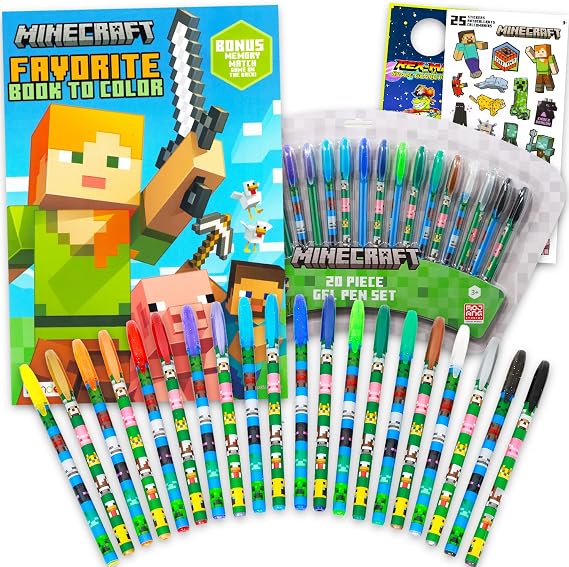 Minecraft Gel Pens Set - Bundle with 20 Colorful Gel Pens, Plus Coloring Book, Stickers, More | Minecraft Activity Set for Kids Ages 4-8 | Cute Pen Arts & Crafts Set With Creeper, Dog, Zombie Plus Coloring Book, Stickers | Minecraft Stationery School Supplies