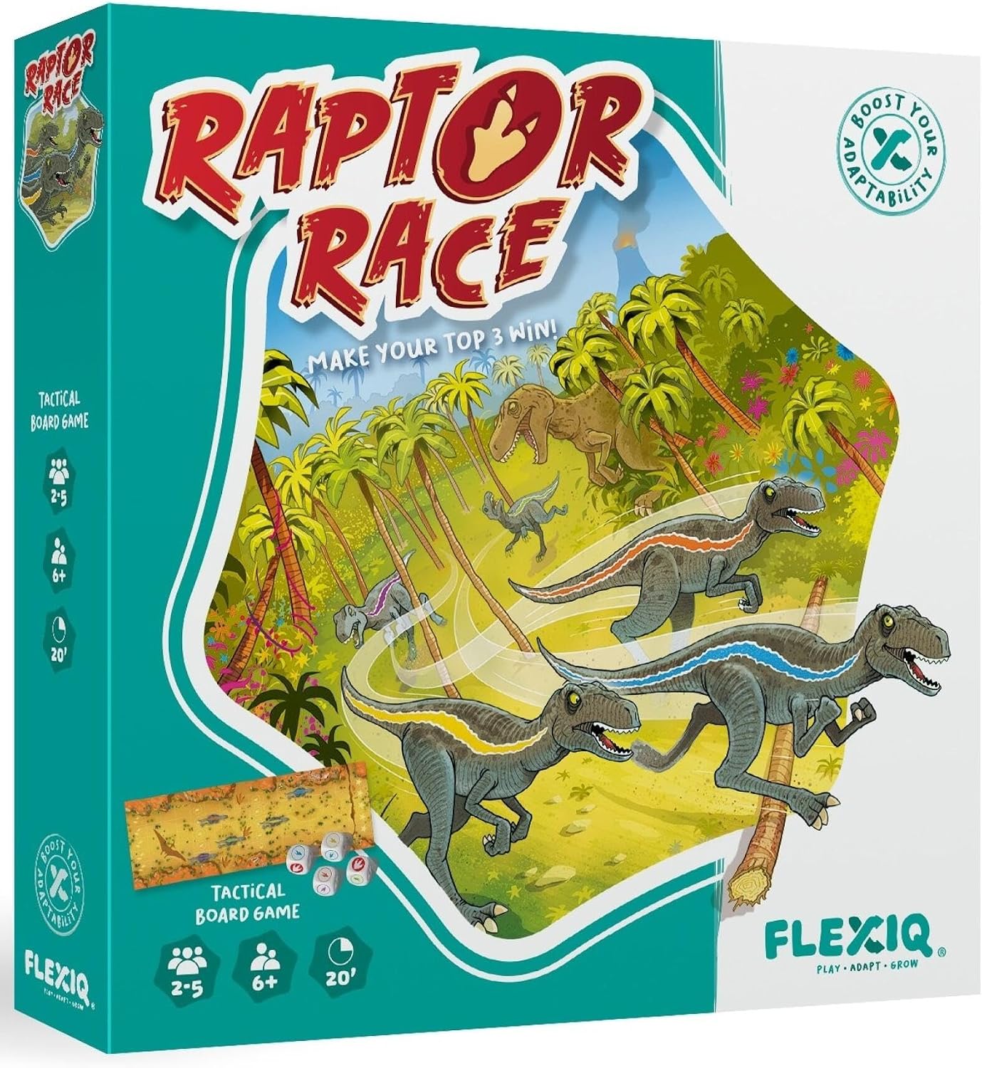 FlexiQ | Raptor Race | Board Game | Ages 6 | 2-5 Players | 20 Minutes Playing Time