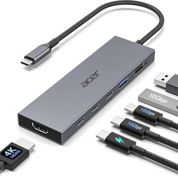 Acer 6-in-1 USB C Hub 10Gbps, USB C to HDMI Adapter 4K@60Hz | 2*USB-C 3.2, 1*USB A 3.2, 1*USB 2.0 Data, 100W PD Port, Type C Multiport Splitter for Laptop/ MacBook Neo/Air/Pro, iPad Pro