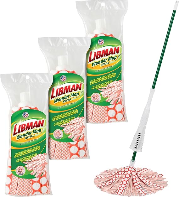 Libman Wonder Mop with 3 Refills, Self-Wringing Microfiber Floor Mop