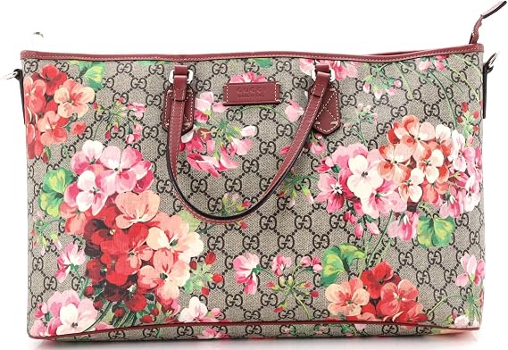 Pre-Loved Convertible Zip Tote Blooms Print GG Coated Canvas Large, Brown