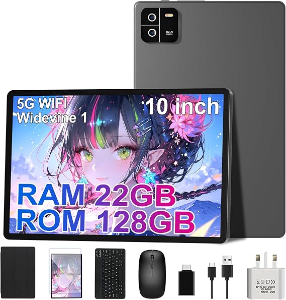 Android Tablet 10 Inch, Tablets 22GB RAM+128GB ROM (TF 1TB) Octa-Core/1920 * 1200 pixel/5G+WiFi 6,Widevine L1/8000mAh,Bluetooth 5.0/GMS/8+16MP/Widgets/Tablet with Keyboard+Mouse