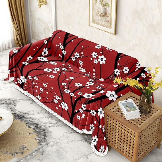 Couch Cover for 3 Cushion Couch Japanese Cherry Red Blossom Floral Sofa Covers Washable Couch Throw Covers Pet Friendly Sofa Slipcover Durable Furniture Couch Protector 91''x134''