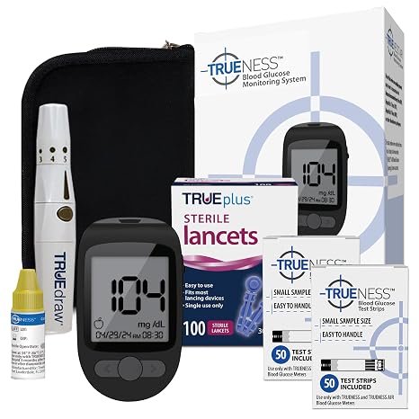 TRUENESS Blood Glucose Meter Bundle, Monitor, Supplies, Solution | Includes Blood Glucose Monitor, Case, 100 Test Strips, 100 Lancets, Lancing Device, Control Solution - Fast, Easy Testing
