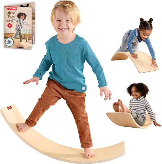 Fisher-Price Wood Montessori Rockin Balance Board, Kids Ages 3+ Years | 31.7 Inch Wooden Board, American Montessori Society Seal of Excellence, Gross Motor Skills