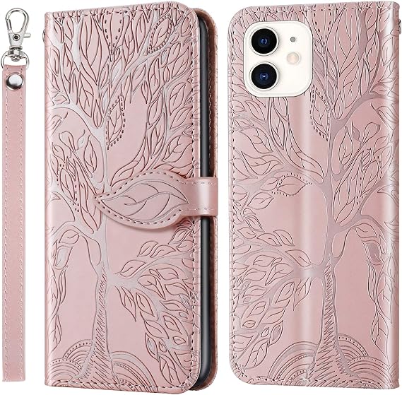 iPhone 12 Mini ウォレットケース カードホルダー/スロット付き PUレザー フリップフォリオシェル マグネット開閉 リストストラップキックスタンド 耐衝撃カバー iPhone 12 Mini 5G 5.4インチ対応 ローズゴールド