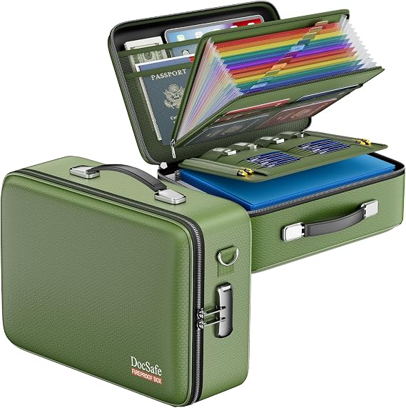 DocSafe Fireproof Document Box with Lock, Hard Case File Organizer with Accordion File Folder, Fireproof Water Resistant Safe Box Home Office Travel Storage for Important Documents Laptop Green