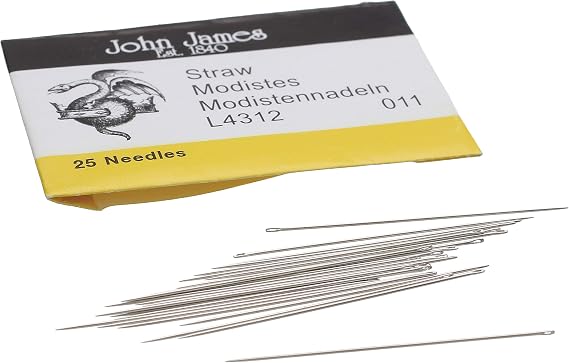 John James Milliners Straw Needles, Size 11, 1.59" (40.5mm) Length, 0.53mm Diameter, Pack of 25, Long RoundEye Needles for Quilting, Applique, Pleating, and Bead Embroidery