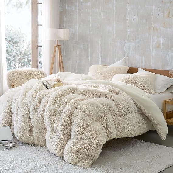 Alaskan Winters Coma Inducer Full Oversized Comforter, Arctic Wolf Beige | Experience Coma Worthy Sleep with Fluffy Shaggy Plush Faux Fur Extra Large Bedding