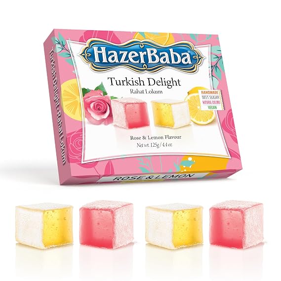 HazerBaba Turkish Delight Candy, Rose & Lemon, 4.4 Oz (Pack of 1), Dulces | Lokum, Middle Eastern Sweets, Gluten Free Candy Variety Pack, Vegan Snack Box, Small Gift Box, Kosher Dessert, Halal Food