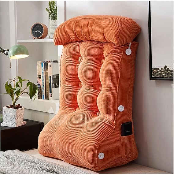 Reading Pillows for Sitting in Bed, Wedge Pillow, Cushion Bolster Support Reading Backrest Cushion with Adjustable Neck Pillow and Pocket, Upholstered Headboard Lumbar Pad whit Removable Cover(Orange,