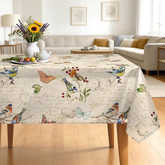 Vintage Bird Branch Polyester Tablecloth, Rustic, 60 x 104 Inch