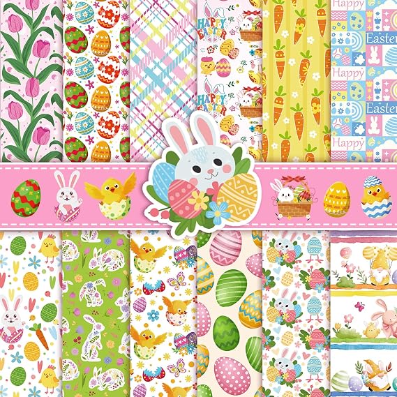 Konsait 24 Sheets Easter Scrapbook Paper 12x12, Double Sided Rabbit Eggs Pattern Paper Spring Decorative Papers Easter Cardstock Pad Origami Papers for Card Making Scrapbook Supplies