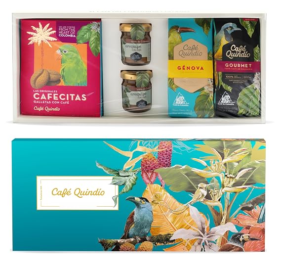 Cafe Quindio Barranquero Gift Set - The Best Assortment of Coffee Products - 1 Gourmet Ground Coffee + 1 Genova Ground Coffee + 2 Milk Caramels + 1 Cafecitas Cookies